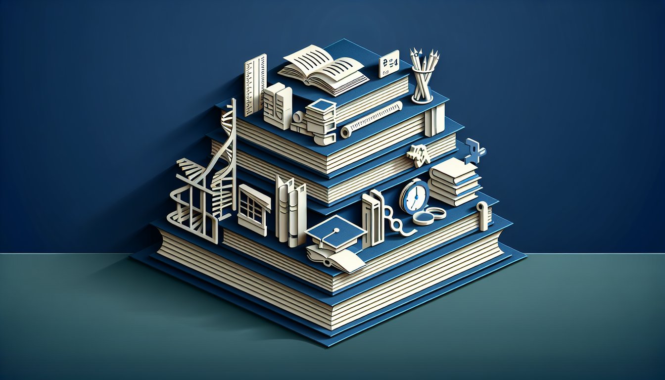Paper art quiz scene dark blue background books brain question mark pencil high school knowledge challenge