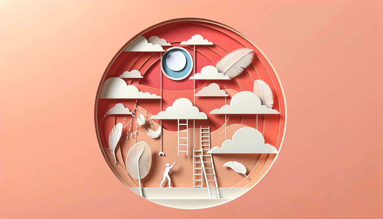 Paper art illustration with stylized text metaphor quiz challenge on coral background playful test of language skills