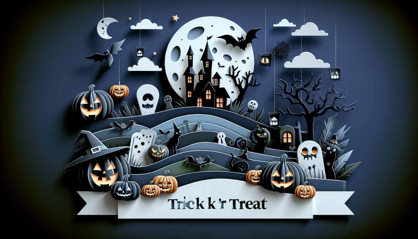 Paper art Halloween icons and Trick r Treat character silhouettes layered on dark blue background for spooky quiz invitation