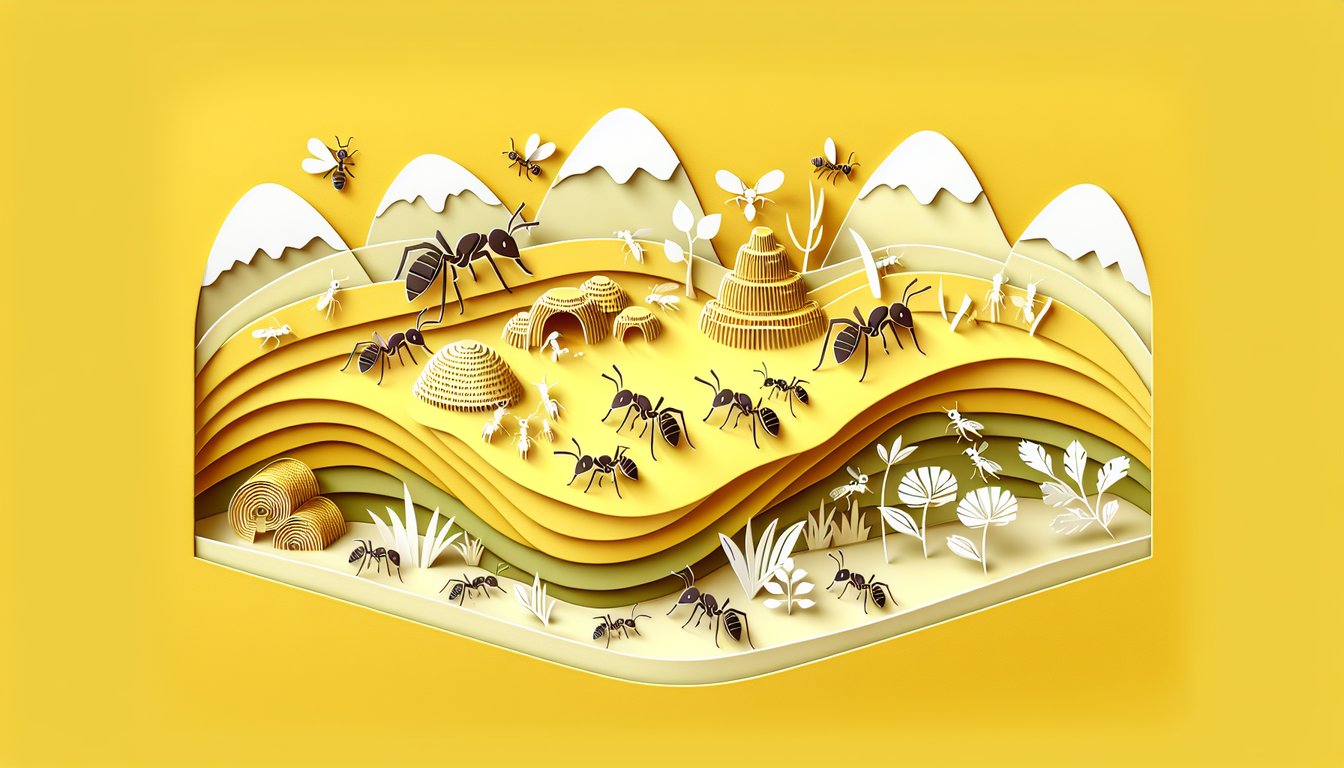 Paper art ants on golden yellow backdrop with quiz prompt ant trivia challenge test your ant knowledge