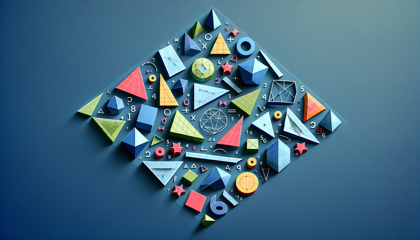 Paper cut art polygons quadrilaterals arranged on dark blue background promoting free scored quiz