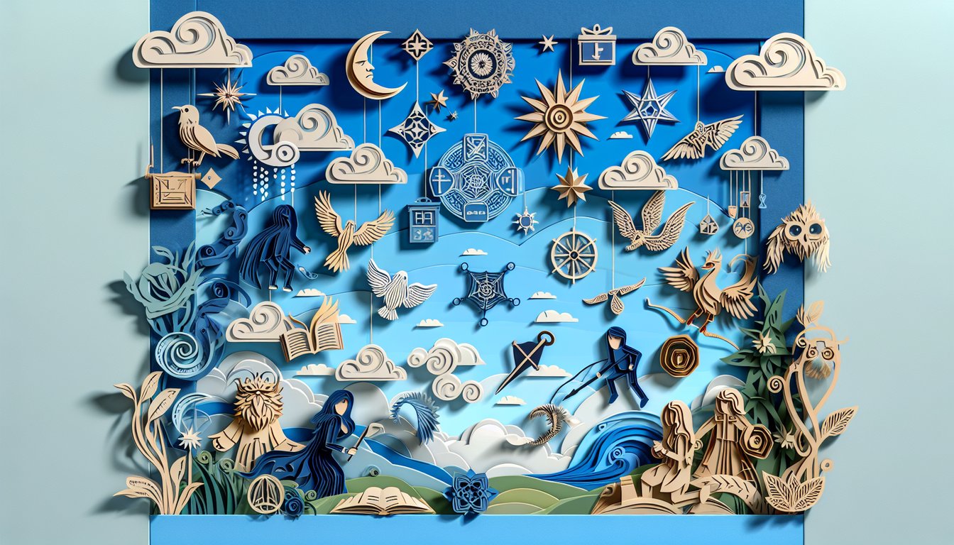 Paper art illustration for personality quiz to find out your matching Elm fantasy character on sky blue background
