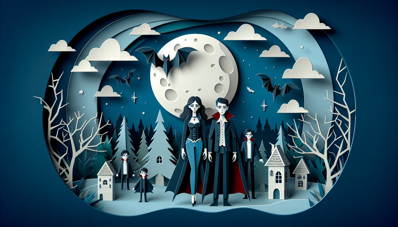Twilight Trivia quiz paper art featuring Bella, Edward, and the Cullens on a sky blue background.