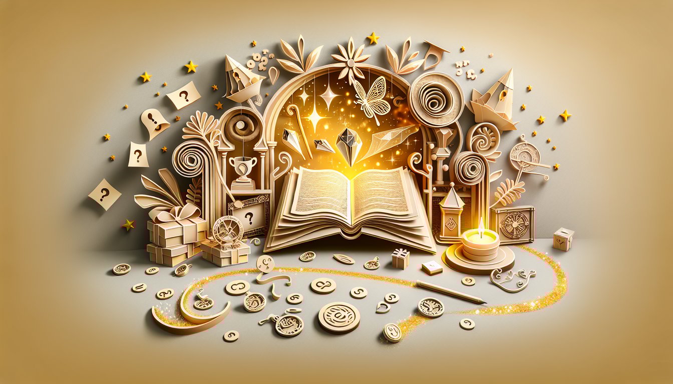 Paper art illustration for Disney movie quiz with castle carriage film reel icons on golden yellow background