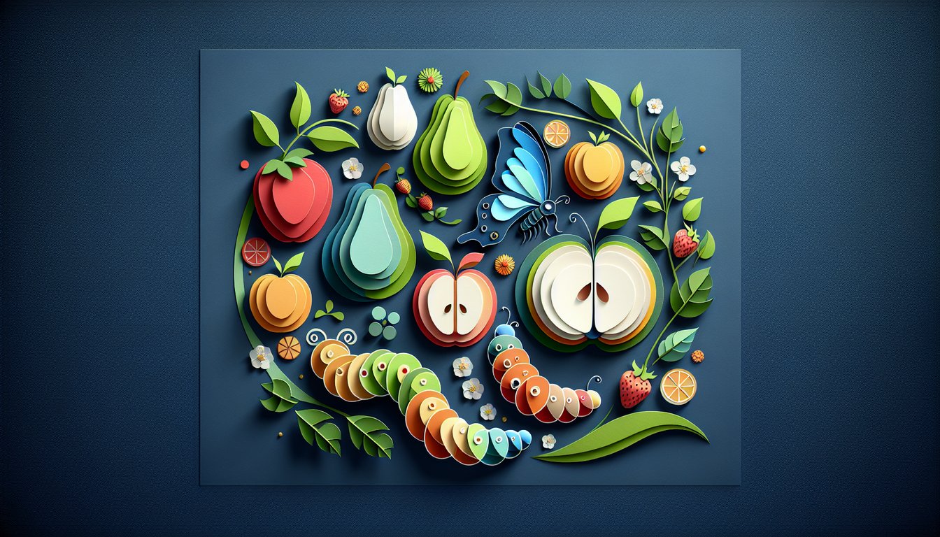 Very Hungry Caterpillar style paper art winding across dark blue background with sliced fruits and leaves for quiz
