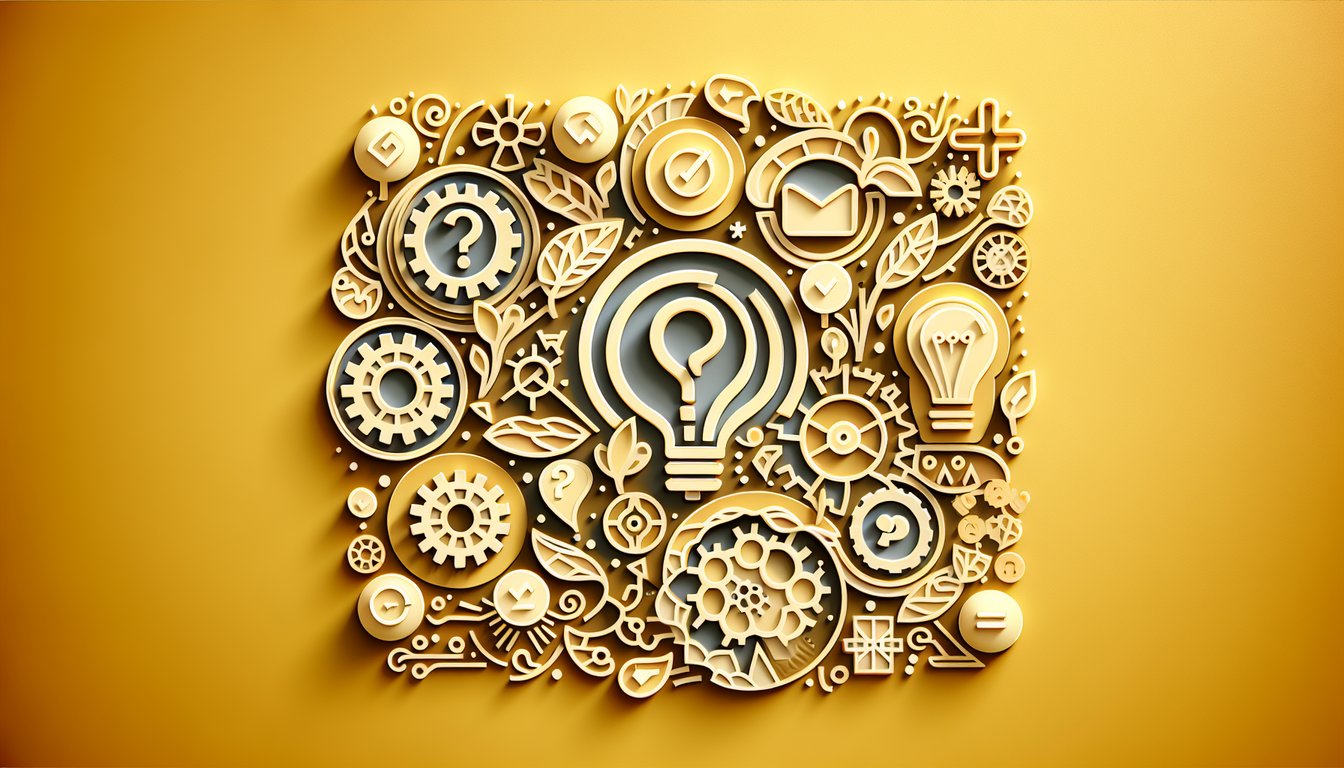Paper art illustration showing a laptop screen with colorful quiz icons and playful shapes on a golden yellow background