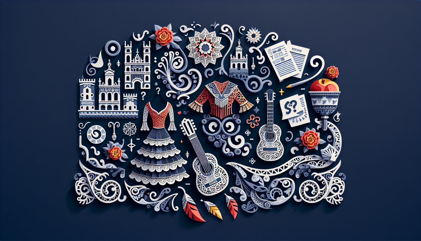 Colorful paper art promoting the Espaol Express Quiz for high school Spanish students