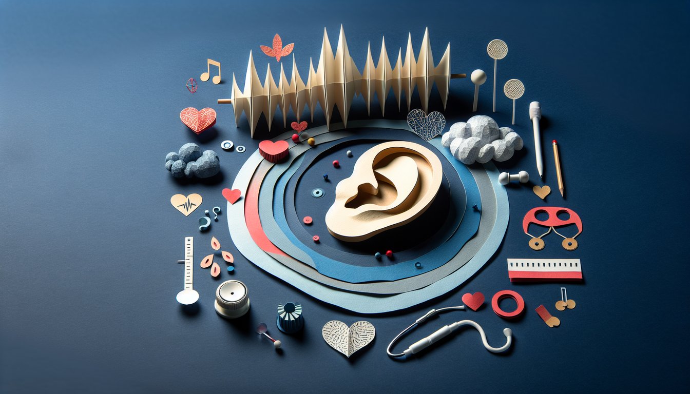 Colorful paper art promoting a high school biology quiz on auditory health and hearing impairment.