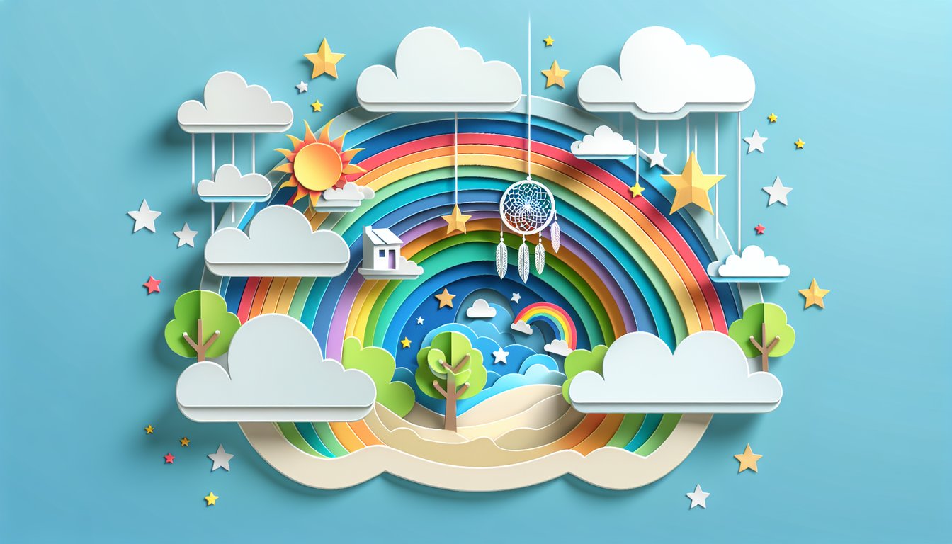 Paper art illustration of clouds birds pencil and thought bubbles on sky blue background for daydream test quiz.