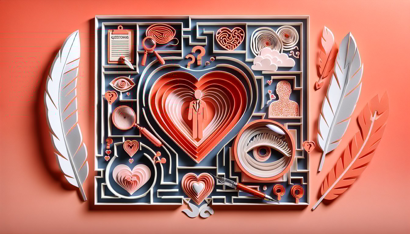 Paper art illustration for a love personality quiz on a coral background