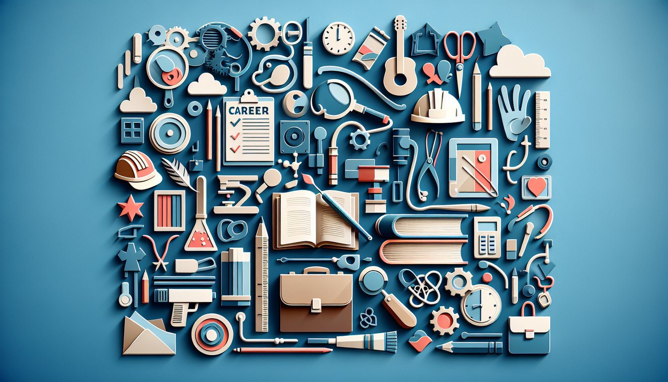 Paper art illustration showing teen surrounded by career icons book stethoscope lightbulb on sky blue background