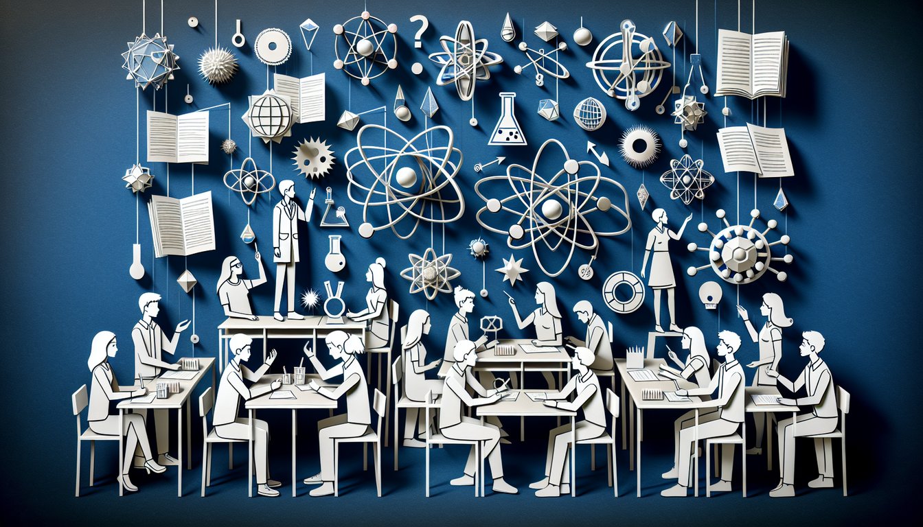 Colorful paper art promoting The Atomic Quiz Challenge for high school chemistry students.
