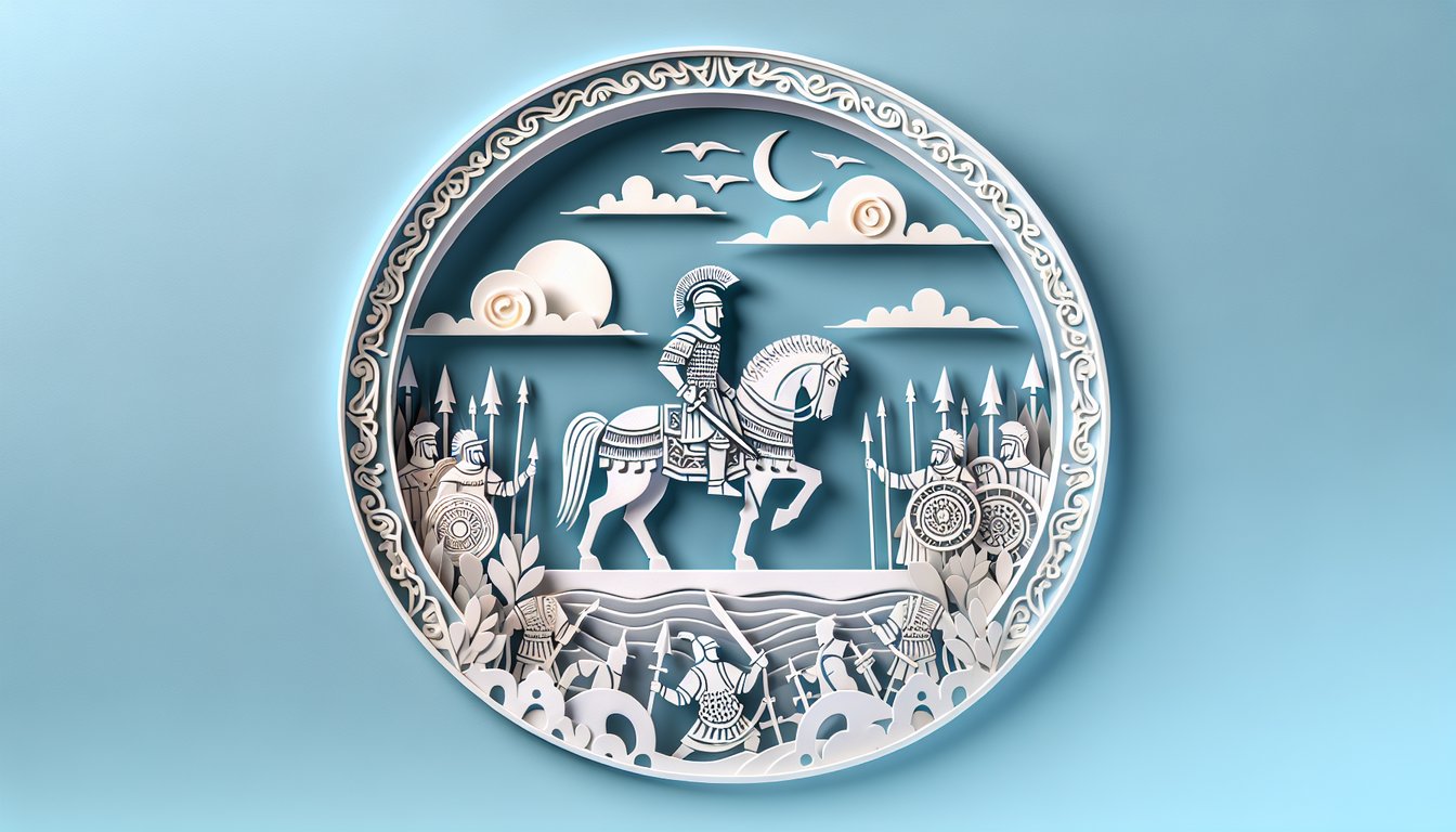 Paper art illustration of Attila the Hun helmet and sword on sky blue background for a quiz on battles and leadership.