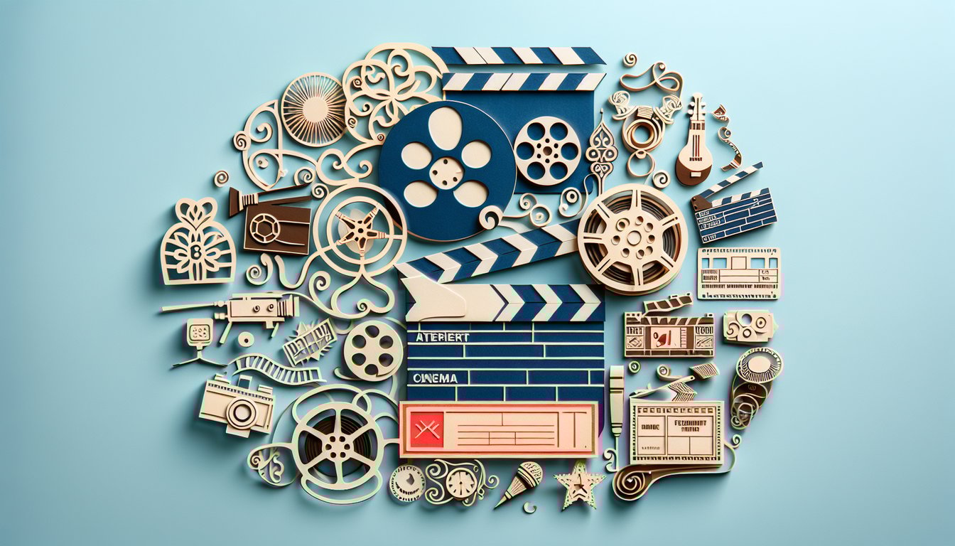 Paper art illustration of Bollywood film icons with quiz invitation on sky blue background