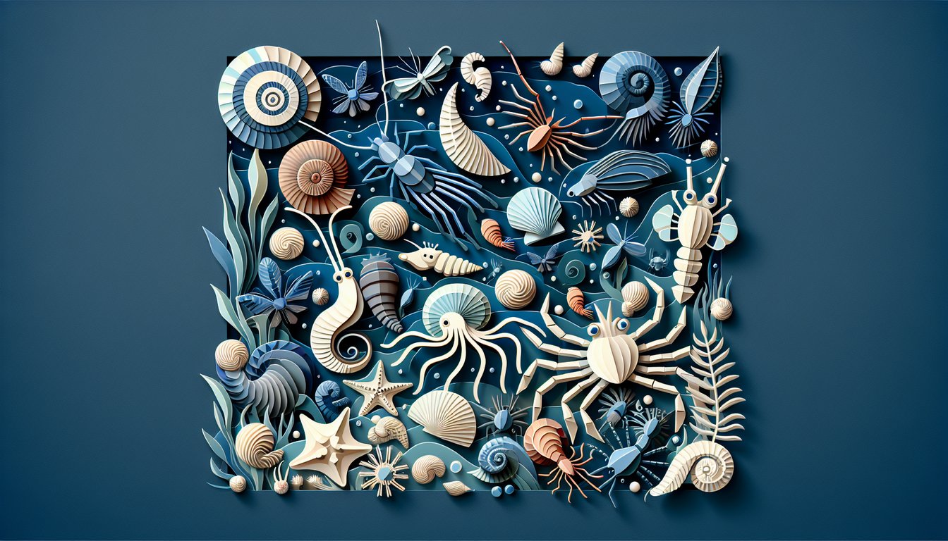 Paper art mollusca and arthropoda quiz with snail clam crab starfish insect paper cut shapes on dark blue background