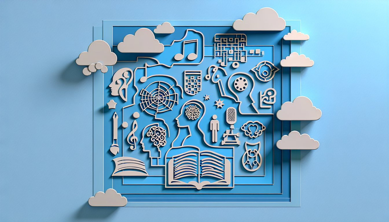Paper art illustration of brain puzzle books icons on sky blue background inviting multiple intelligences quiz