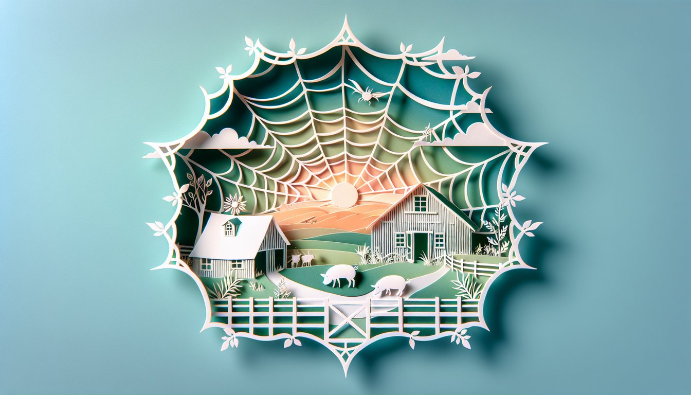 Paper art illustration featuring pig on web with spider and text for a Charlottes Web quiz on teal background