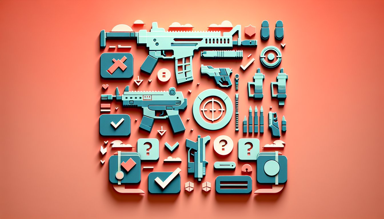 Paper art style illustration featuring Apex Legends weapons arranged for trivia quiz on coral background