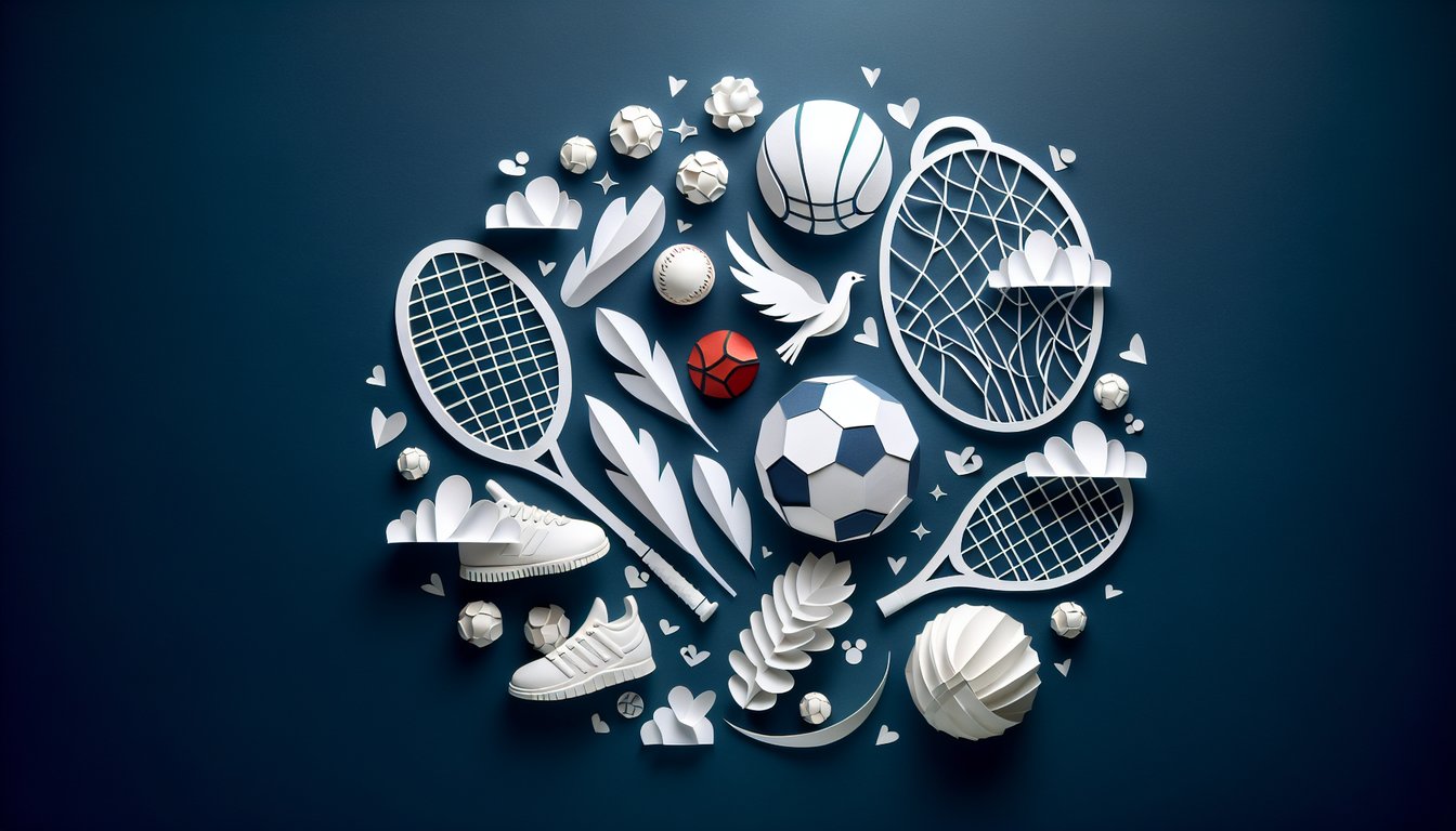 Colorful paper art depicting elements related to a Sports Knowledge Assessment Quiz