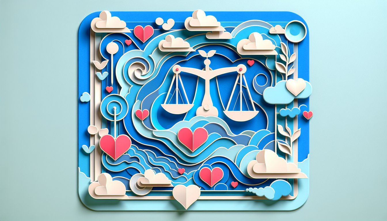 Paper art illustrating a relationship style quiz on a sky blue background