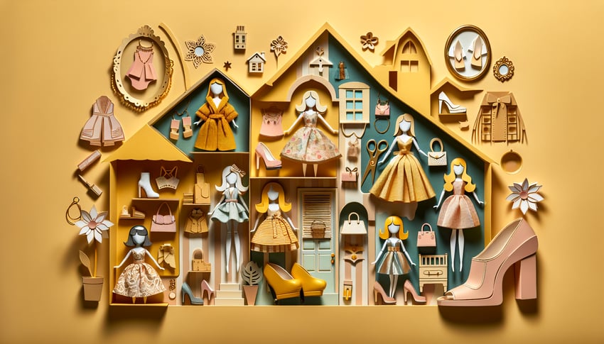 Paper art illustration with Barbie silhouettes accessories and Dreamhouse motifs on golden yellow background