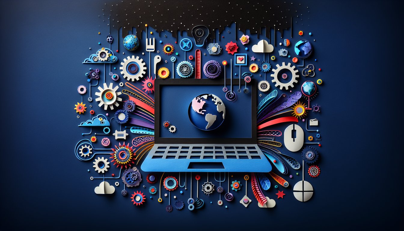 Colorful paper art depicting elements of digital technology for a knowledge quiz