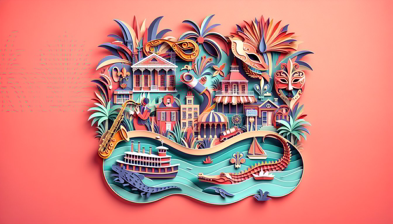Paper cut illustration of trumpet, Mardi Gras mask, beads and jazz notes on coral background for New Orleans trivia quiz