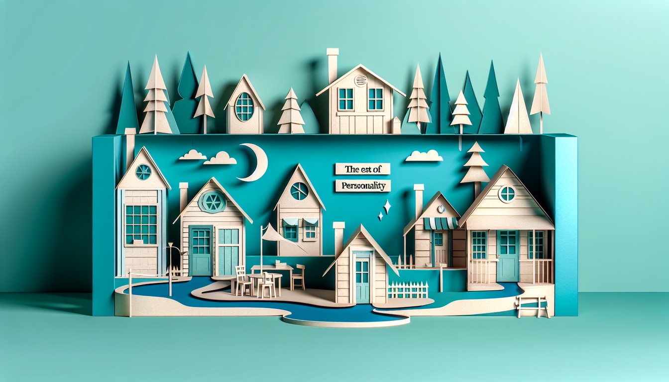 Paper art cabin icons on teal background inviting you to find your Camp Half-Blood cabin personality match