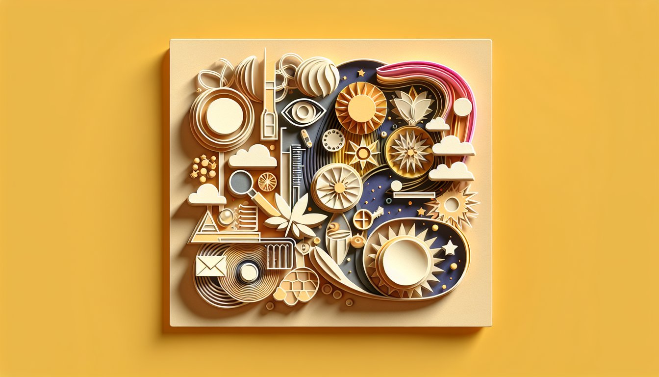 Paper art brain with swirling clouds moons stars pills on golden yellow symbolizes consciousness drugs quiz