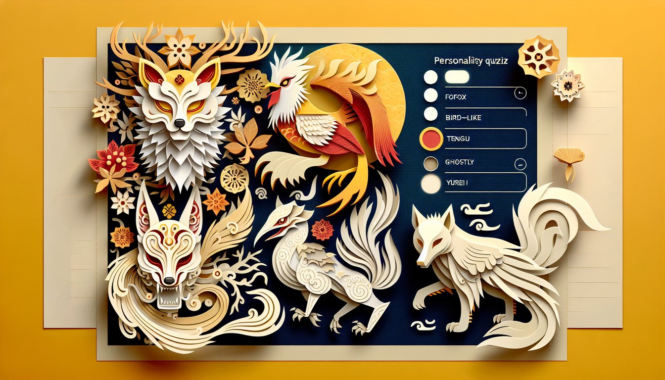Paper art scene with stylized Japanese fox mask, tengu mask, yurei ghost on golden yellow background for folklore quiz.