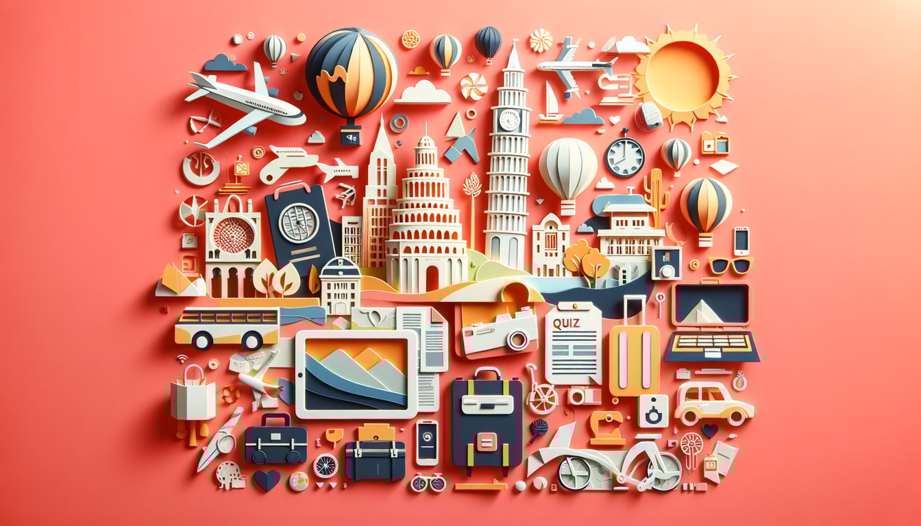 Paper art collage of compass, passport, map and suitcase on coral background for a travel style quiz