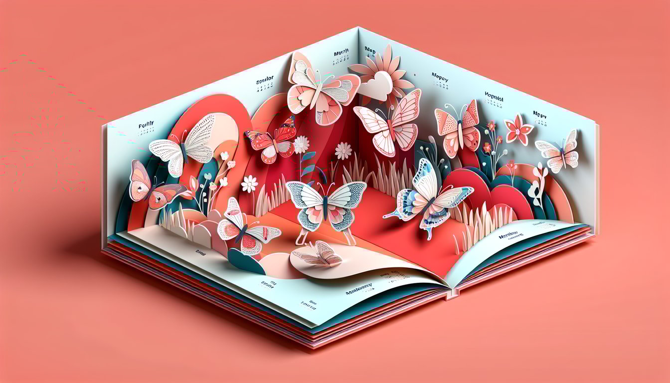 Paper art butterfly illustration with calendar month labels on coral background for free birth month trait quiz