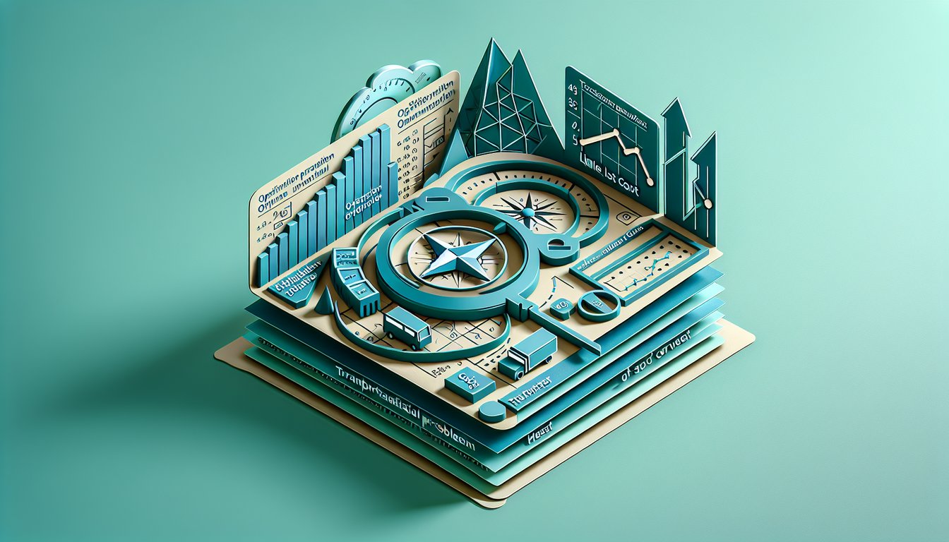 Paper art illustration for a quiz on optimization techniques and transportation problem methods on teal background.