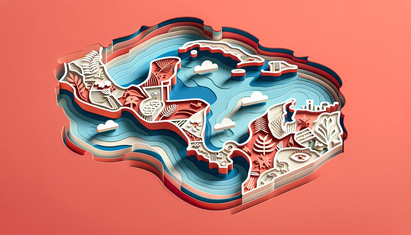 Paper art map of Central America on coral background highlighting countries, capitals and borders
