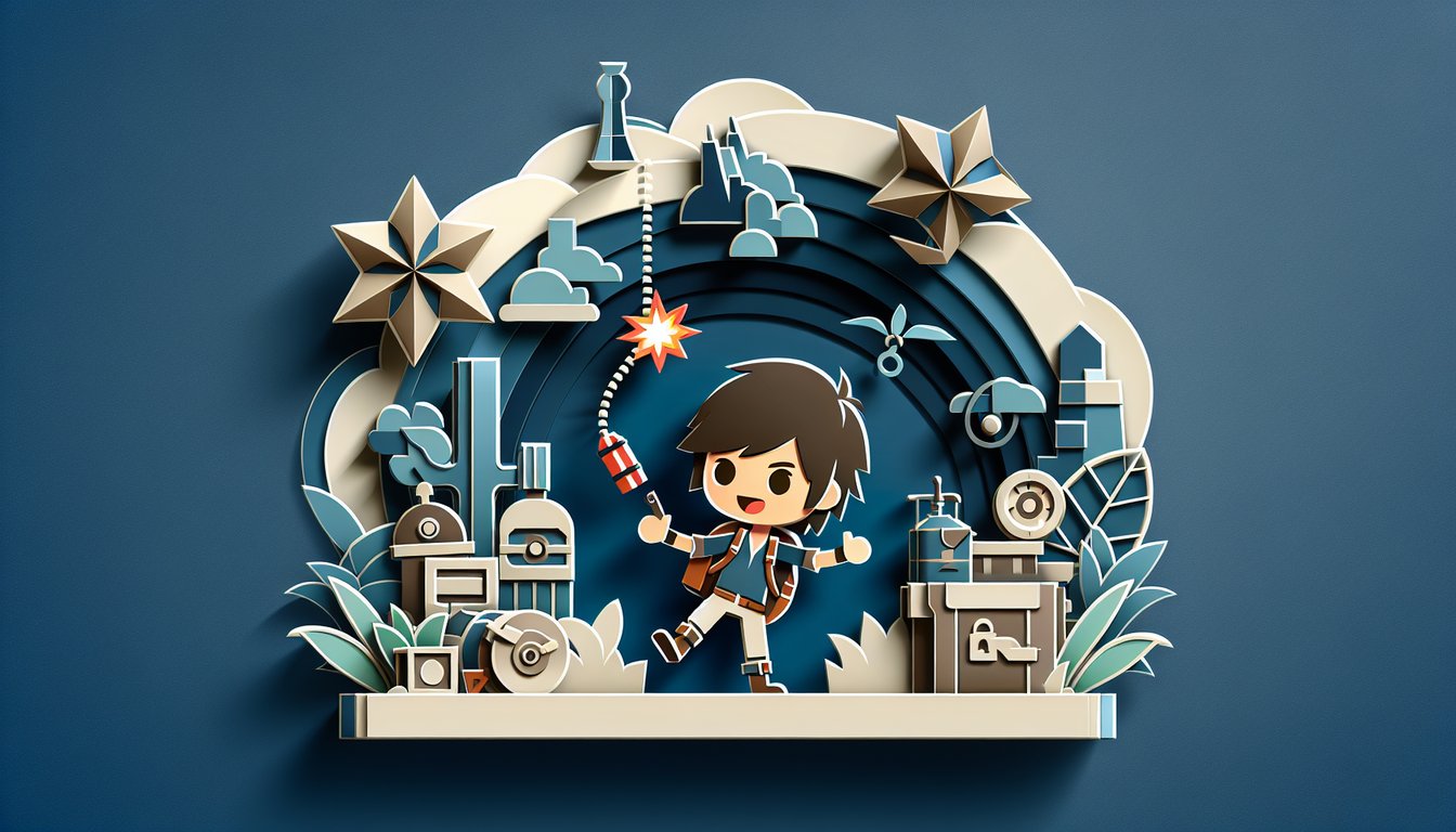 Paper art illustration of Genshin Impact explosive expert Klee with bombs and spark effects on dark blue background for quiz