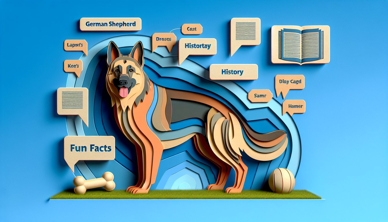 paper art German Shepherd on sky blue backdrop with title challenge yourself free quiz on breed traits history fun facts