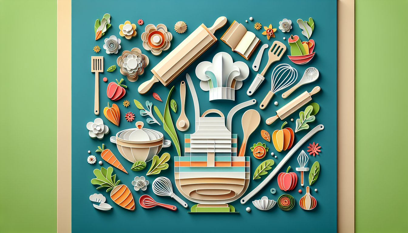 Paper art cooking utensils chef hat whisk spoon rolling pin on teal background inviting viewers to test culinary skills