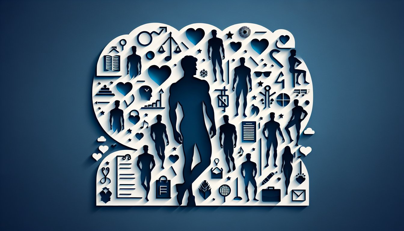 Paper art hearts and abstract shapes on dark blue background for dream boyfriend persona quiz