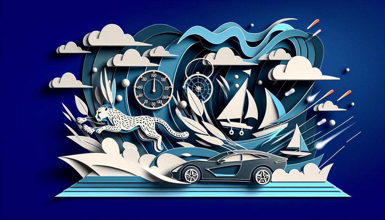 Paper art illustration for Physics Motion Test quiz on dark blue background