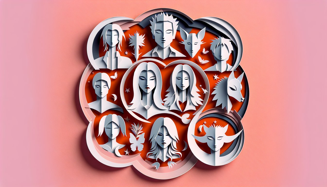 Paper art Cullen silhouettes werewolf symbols and twilight characters on coral background for free personality quiz