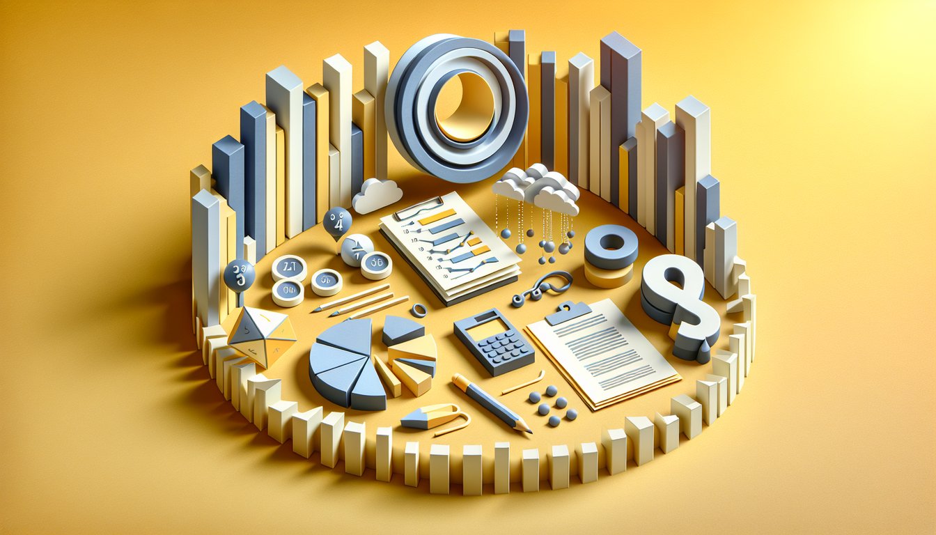 Paper cut illustration of charts graphs math symbols question marks boxes on yellow background promoting free stats quiz
