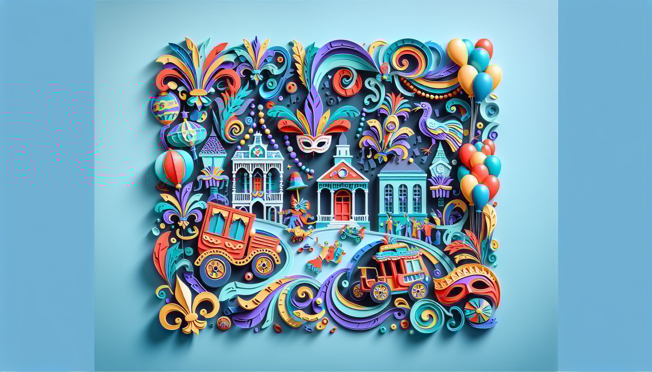 Colorful Mardi Gras themed paper art illustration for a trivia quiz on a sky blue background