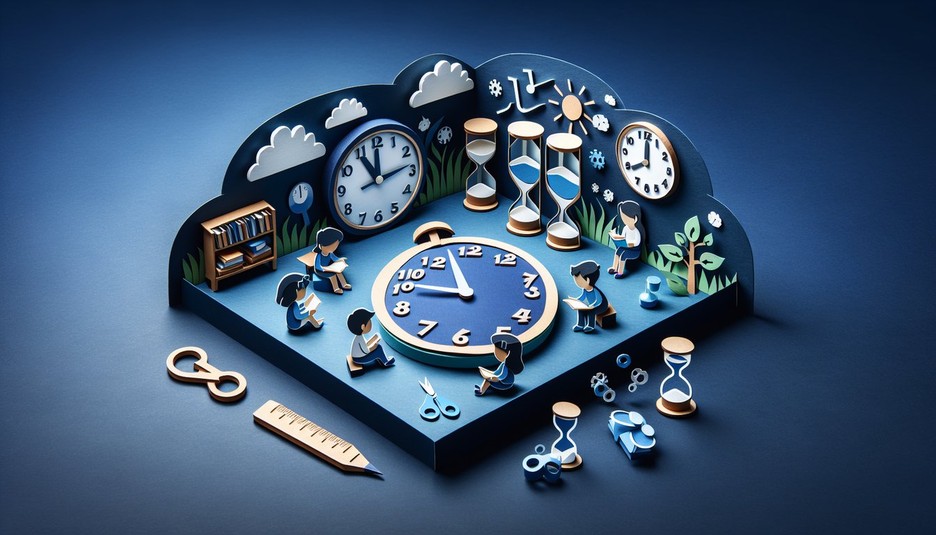 Paper art promoting Tick Tock Time Quiz for elementary students mastering clock reading and time conversion.