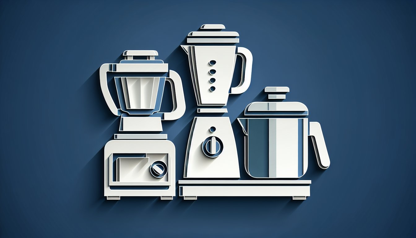 Paper cut blender mixer slow cooker icons on dark blue background for fun kitchen appliance personality quiz