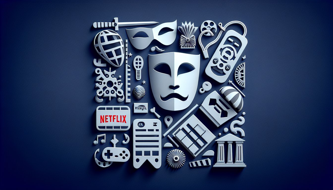 paper art collage of film reel popcorn remote and smartphone on dark blue background promoting free Netflix watch quiz