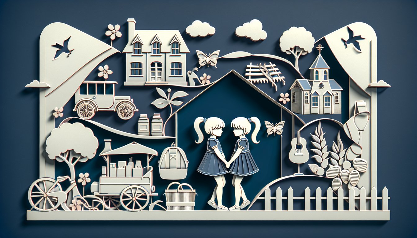 Paper art collage of film icons and title elements for a Parent Trap trivia quiz on dark blue background