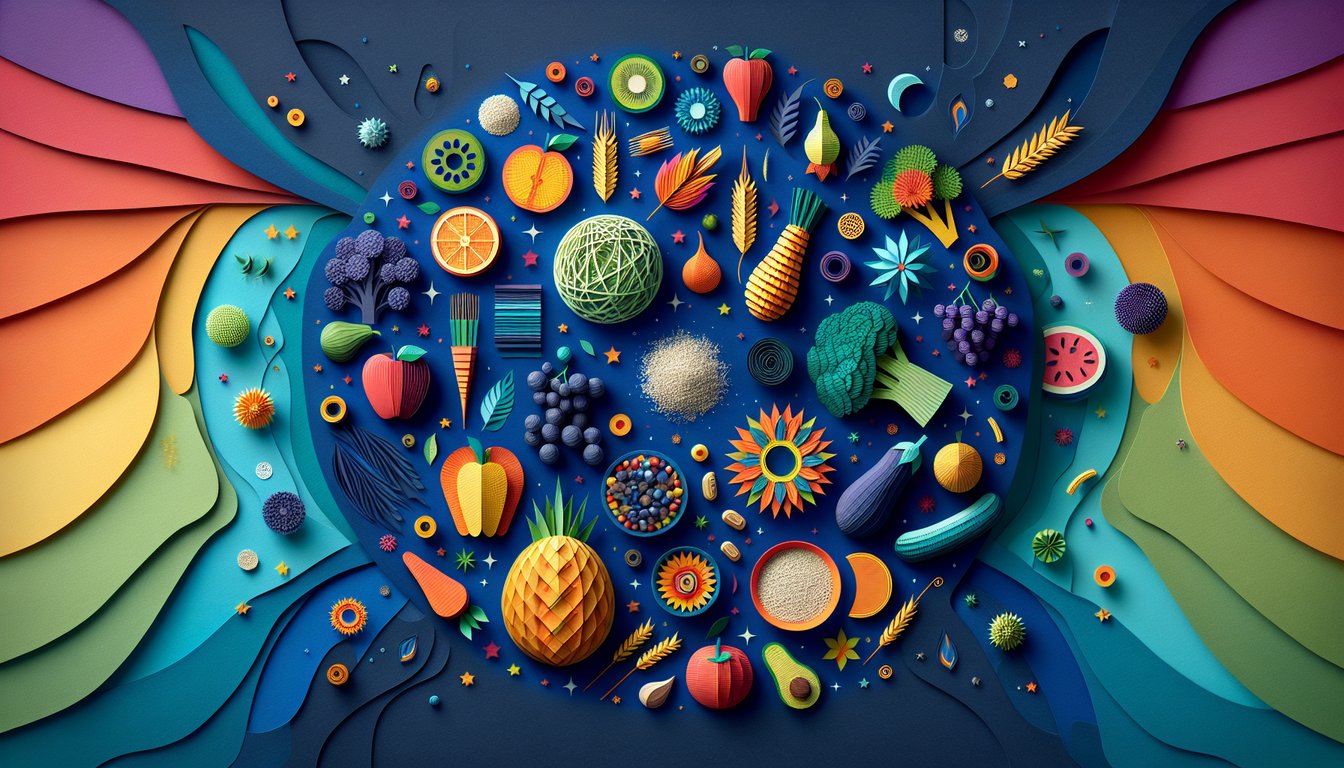 Colorful paper art depicting fruits, vegetables, and grains for a Dietary Fiber Knowledge Quiz