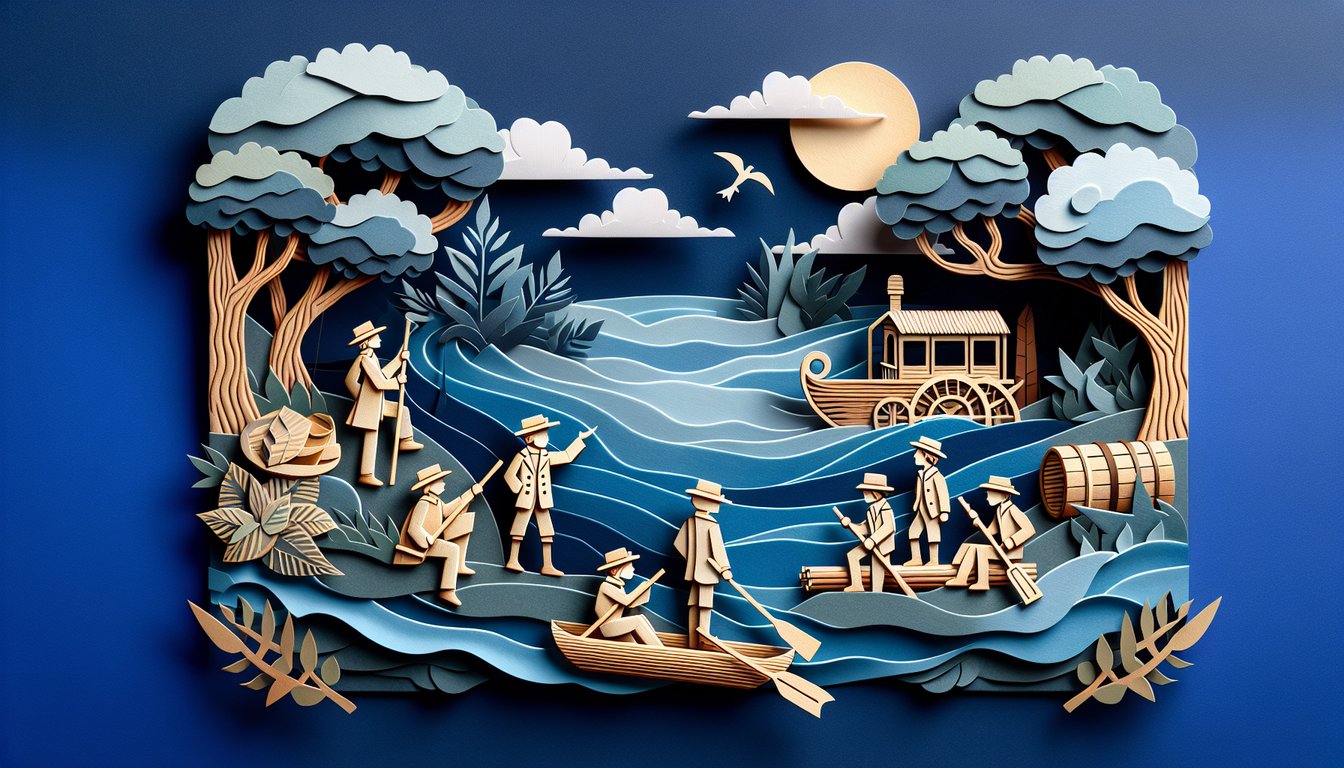 Paper art quiz illustration for free Huck Finn chapters 21-30 on dark blue background with river and book motifs