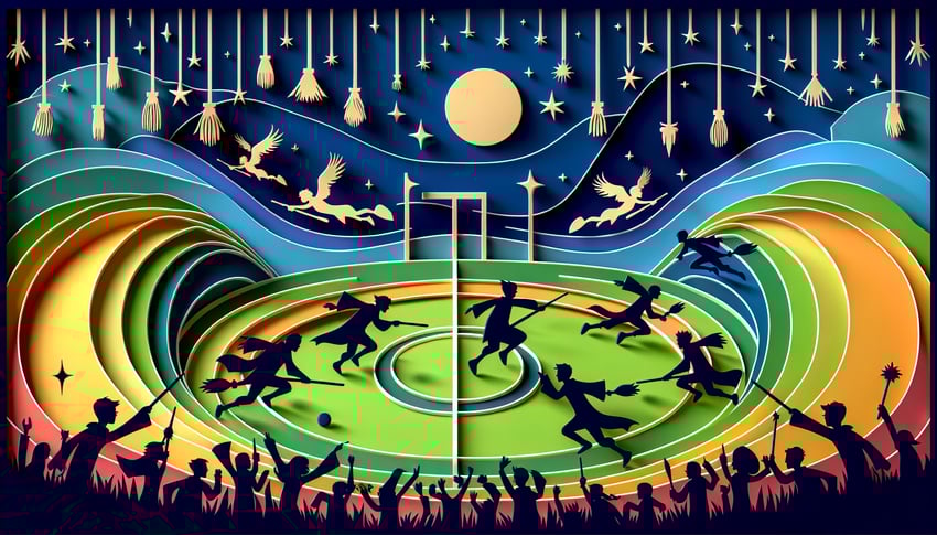 Paper art illustration for Murphys Quidditch League Quiz on teal background