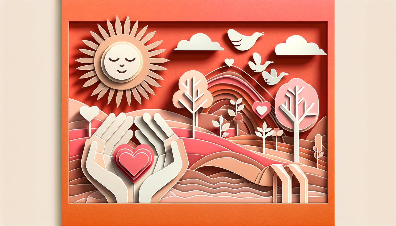 Paper art hearts and playful shapes around quiz heading inviting a free kindness test on a coral background